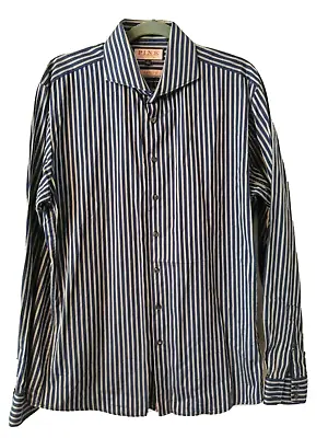 Thomas PINK Dress Shirt Long Sleeve Slim Fit Navy Silver Stripe Size 17  #13353 • $14