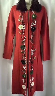 MICHAEL KORS Red Embroidered Real Fur Collar Long Sweater Cardigan RARE! S/M • $69
