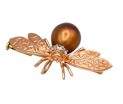 Vintage Diamond Bumble Bee Pin Brooch 14k Rose Gold Chocolate Pearl Body • $7.50