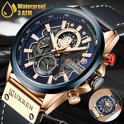 CURREN Men's Watch Chronograph Sport Quartz Date Calendar Leather Strap Luminous • $23.48