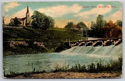 Mayville Wisconsin~Upper Dam From Below~Church On Hill~1912 Postcard • $13