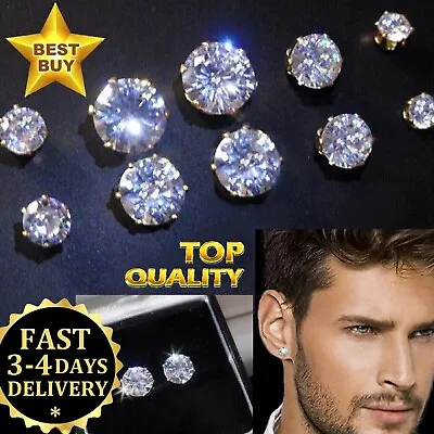 Mens Women Diamond Cut Crystal Stud Earrings Sizes 3mm- 8mm Silver / Gold Plated • £3.49