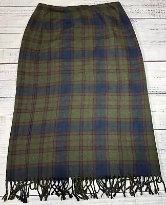 Vintage Worthington Womens Wool Blend Plaid Midi Skirt Sz 12P Green Fringe Zip • $17.49