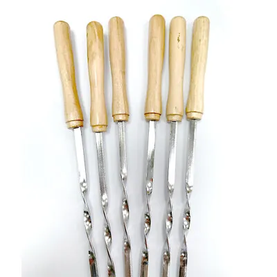 6pc 46cm Twisted Metal BBQ Kebab Skewers With Wooden Handles: Grilling Essential • £8.50