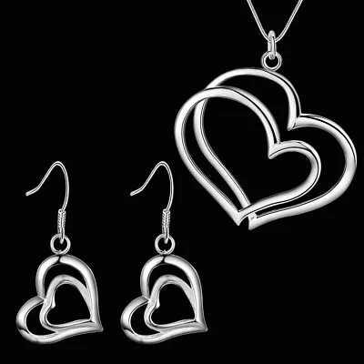 925 Sterling Silver Romantic Double Heart Necklace Earring For Woman Jewelry Set • $2.40