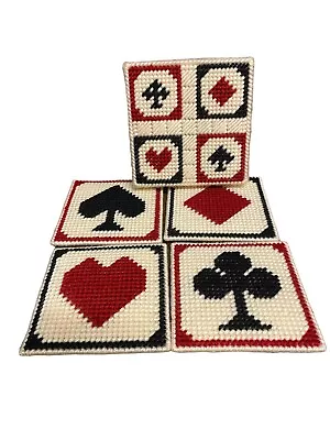 Vintage Yarn Craft Playing Cards Needle Point Coaster Set Of 4 With Holder • $14.99