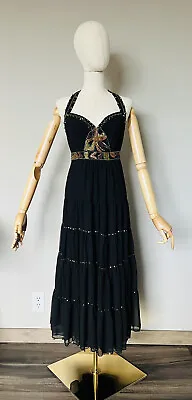 VTG Marciano Guess Sz S Black Beaded Embroidered Tiered Halter Midi Dress Boho • $45.99