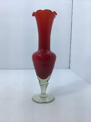 Red Cased Glass White Interior Ruffled Edge 8 Inch Vase Clear Base • $12