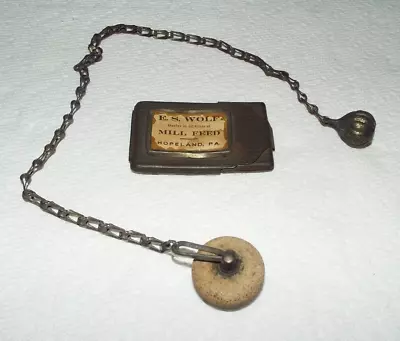 2 Antique Item E.s. Wolf Mill Feed Hopeland Pa. Card Holder & Sink Stopper Read! • $15