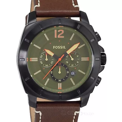 FOSSIL Privateer Mens Chronograph Watch Olive Green Dial Brown Leather Strap • $72.90