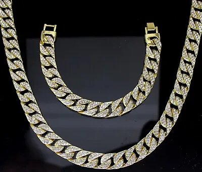 Mens Necklace Bracelet Set Iced CZ Cuban Curb Link Chain 14k Gold Plated Hip Hop • $16.99