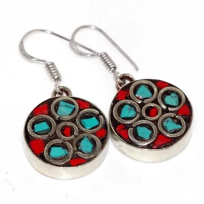 12gms Chunky Tibetan Turquoise Red Coral Nepali Tribal Earrings 1.5  JW • $4