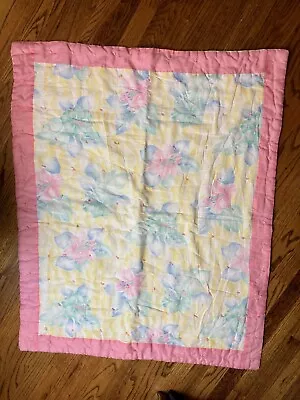 Vintage 80s Pink Floral Pastel Baby Crib Quilt Blanket • $34