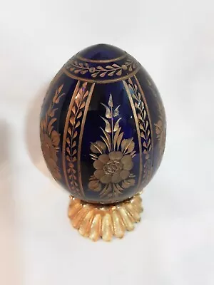  STYLE FABERGE  Brand 3  EGG COBALT BLUE Crystal W/Gold Flowers Russia • $100