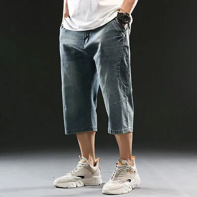 Men 3/4 Capri Jeans Loose Below Knee Denim Shorts Distressed Cropped Pants Blue • $45.62