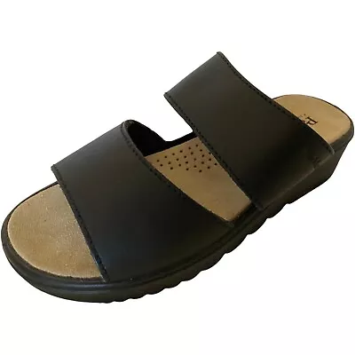 Padders Open Toe Sandals Women's Black Wedge Heel Leather Mule Platforms NEW • £39.99