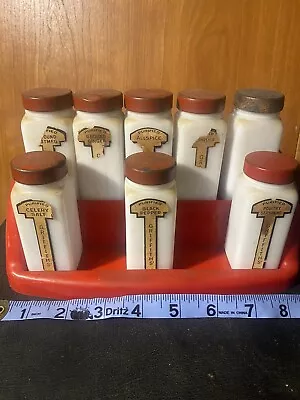 Vintage RETRO Plastic Spice Rack & 8 Milk Glass Jars W/Red Lids • $22.99