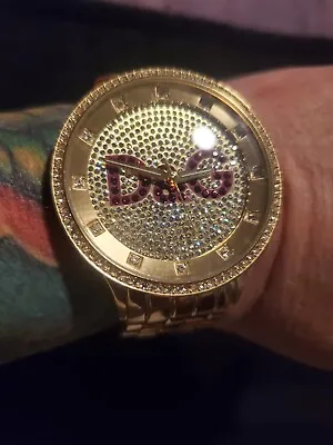 Very Rare D&g Dolce Gabbana Dw0377 Men/women Prime Time Bling Crystal Gold 46mm! • $799