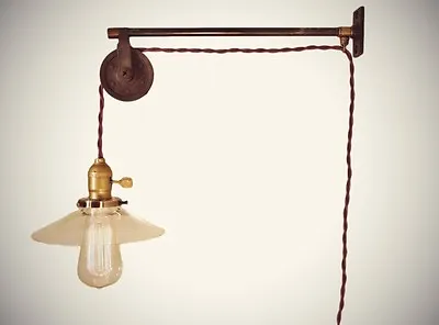 Vintage Industrial Pulley Sconce - CLEAR GLASS SHADE - Cage Light - Machine Age • $209.55