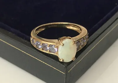 Vintage QVC Hallmarked 9k 9ct Gold Oval White Opal & Tanzanite Ring Size L • £195