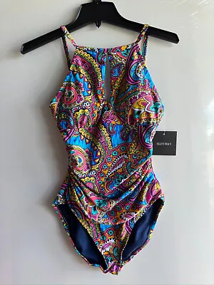 NWT $98 ELLEN TRACY SWIMSUIT 810 ONE PC High Neck Mio KEYHOLE • $22.99