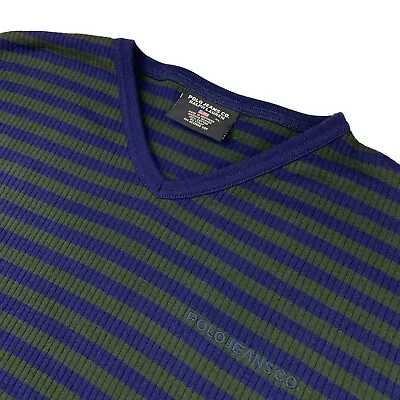 Polo Jeans Co RL Men's Knit Thermal V-Neck Sweater Navy/Green Stripe • XL • $18.99