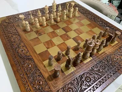 Vintage Persian Hand-Carved Teak Wood Chess & Backgammon Set Brass Inlay • $795