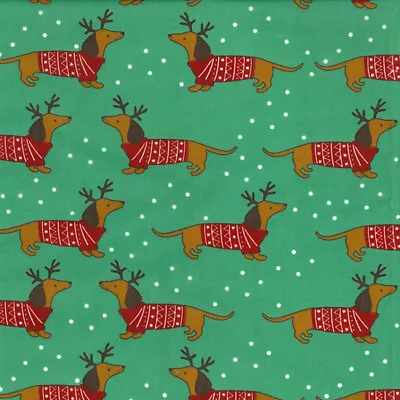 Christmas Fabric Cute Dachshund Dogs Polycotton Craft Fabric Material Metre • £3.99