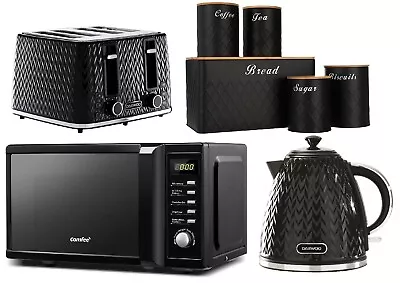 Black Kitchen Set Daewoo Kettle & 4 Slice Toaster Microwave Comfee Storage Set • £249.99