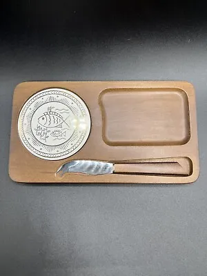 Vintage Nevco Wood Cheese Serving Board Ceramic Tile Gold Fish & Knife Japan • $16