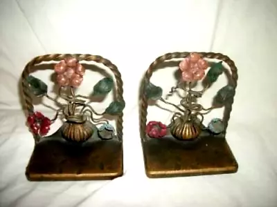 ANTIQUE FRENCH BRONZE TOLE BOOKENDS HP FLOWERS URN 1920s HAMMERED BASE RARE • $261.01