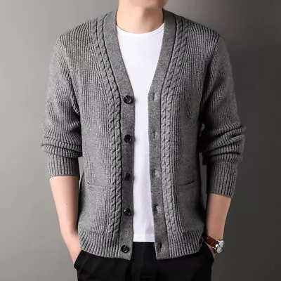 Mens Long Sleeve V Neck Winter Twisted Cardigan Coat Outwear Knit Sweater Jacket • $37.59