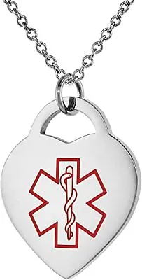 Surgical Stainless Steel Medical Alert ID Tag Pendant Heart Shape W 24  Necklace • $14.99