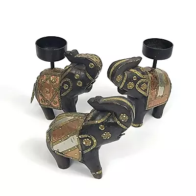 Wooden Elephants Figurines Votive Candle Holders Lot Of 3 Copper Brass Trunk Up • $20.99