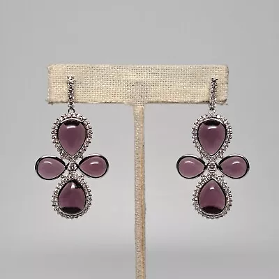 Miriam Salat Amethyst Glass & Cz Rhinestones Dangle Silver Tone Pierced Earrings • $145