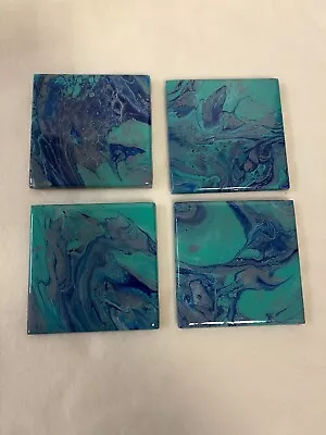 Handmade Fluid Art Flip Pour 4X4 Ceramic Coasters - Turquoise Marble • $15