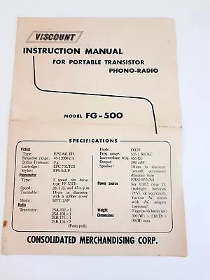 Vtg Viscount Portable Transistor Phono Radio Instruction Manual Printed In Japan • $9.99