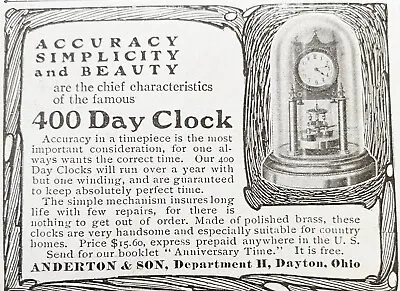 Antique1905 Print Ad~400 DAY CLOCK Anniversary Time Piece Gift Anderton&SonOhio • $16.78