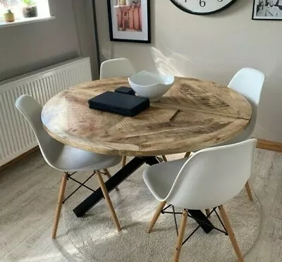 Large Round Dining Table Industrial Rustic Kitchen Meeting Solid Mango Wood Iron • £300.50