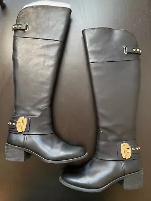 Vince Camuto Womens Beatrix Leather Knee High Riding Black/Gold Boots Size 6.5 M • $35