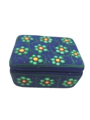 Hand Painted Blue Clay Mexican Trinket Jewelry Box With Flowers • $14.99