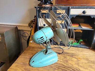 Vintage ESKIMO 10  Oscillating Desk Fan No. 101001 In Aqua Blue Art Deco Style • $40