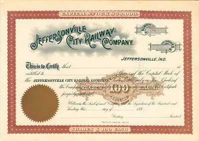 Jeffersonville City Railway - Stock Certificate - Railroad Stocks • $30