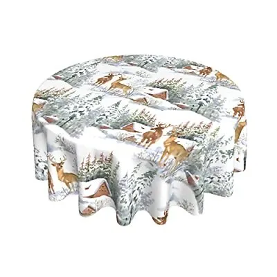Christmas Round Tablecloth 60 Inch Winter Snow White Table Cloth Reindeer • $23.37