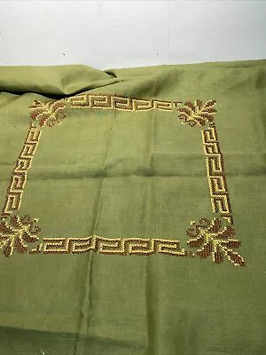 Vintage Handmade Embroidered Green Linen Tablecloths 48/48 • $25.19