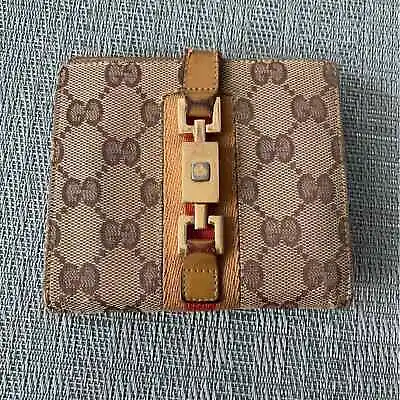 Gucci Tan Vintage Sherry Line Jackie Compact Wallet Canvas Leather Authentic • $95