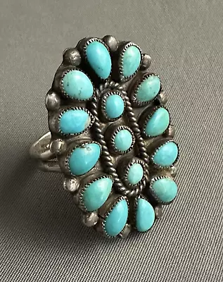 Vintage Navajo Made Sterling Silver Turquoise Cluster Ring SZ 8 Unmarked • $119