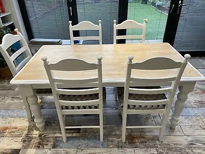 Dining Table 0ak Farmhouse Shabby Chic Rustic Solid Wood + 5 Chairs  🚚 • £205