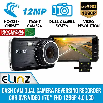 Elinz 4.0  LCD Car Dash Cam Dual Camera Reversing 1296P FHD DVR • $95