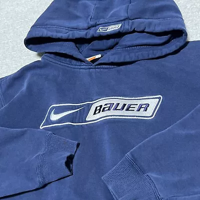 Vtg Nike Bauer Center Swoosh Hoodie Sweatshirt Hockey Boys L Mens S Embroidered • $36